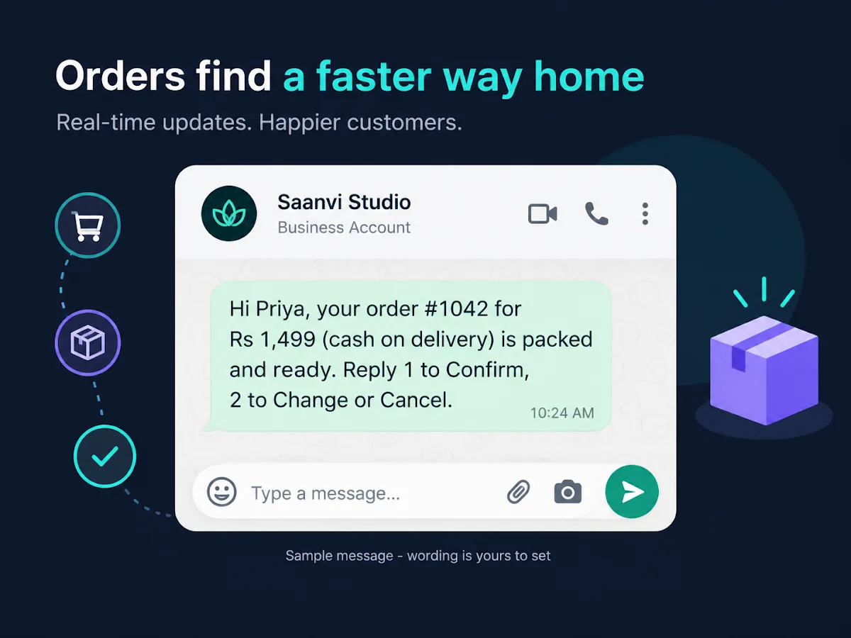 Illustration: a WhatsApp COD confirmation message from a Shopify store showing order number, COD amount, and a reply 1 to Confirm or 2 to Change prompt (sample)