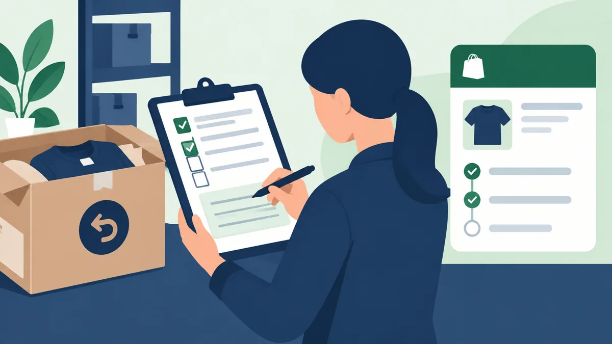 Returned COD parcel with a person recording the reason on a clipboard beside a Shopify order card