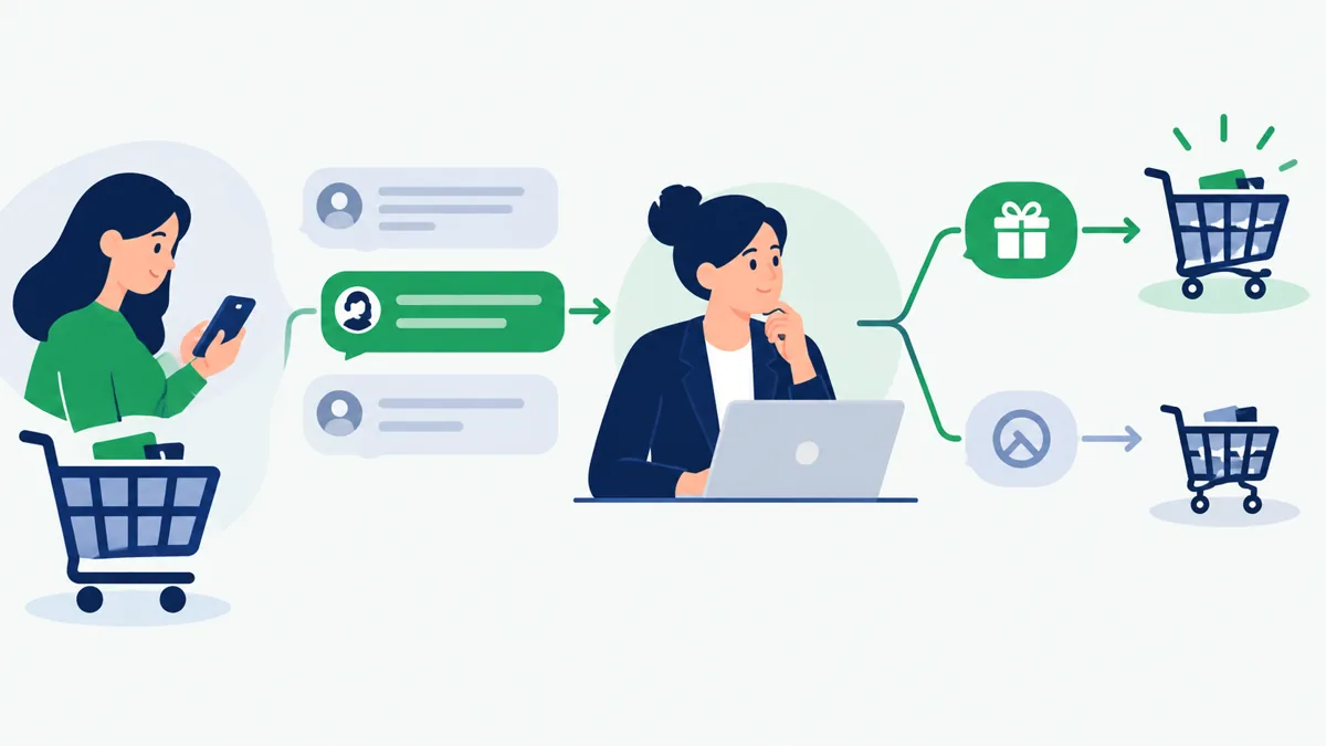 Cart recovery reply routed to a person who decides whether a discount is appropriate, Saanvi Studio illustration
