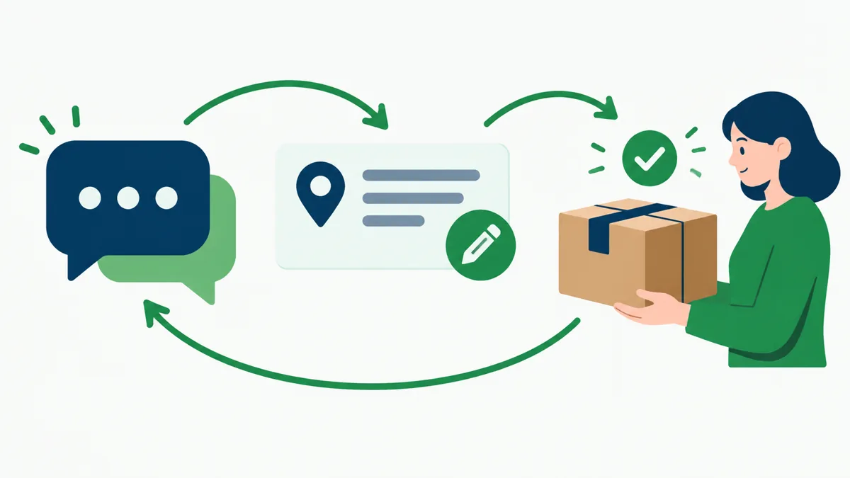 Address correction loop for a Shopify COD order with chat reply, edited address card and held parcel awaiting approval, Saanvi Studio illustration