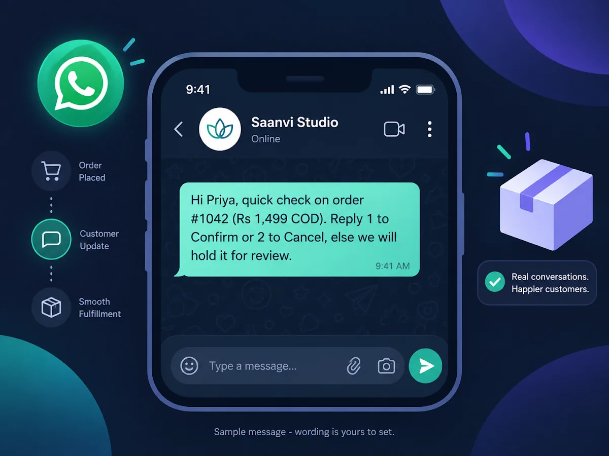 Illustration: a short second WhatsApp message asking a COD customer to reply Ship or Cancel, with the order held if there is no reply (sample)
