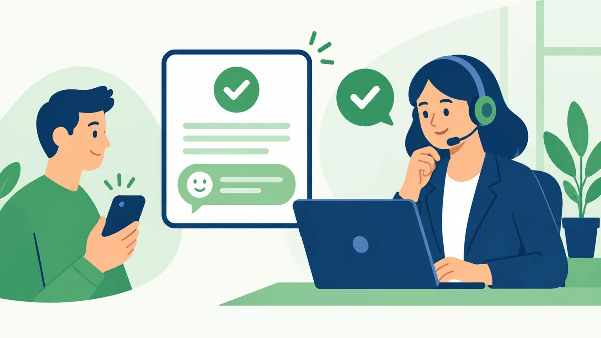 Support person reviewing a friendly mixed-language COD confirmation before it becomes the store template, Saanvi Studio illustration