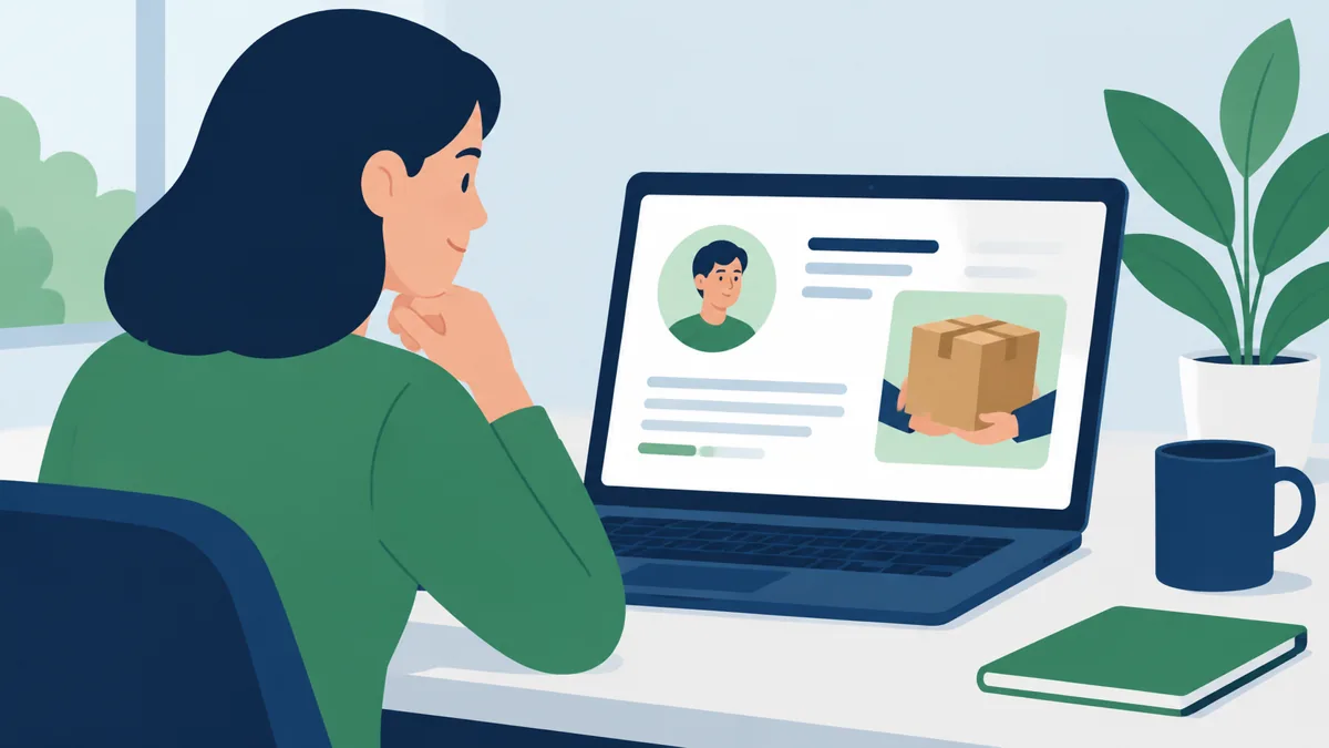 Support person reviewing a COD customer profile and held parcel before deciding how to follow up, Saanvi Studio illustration