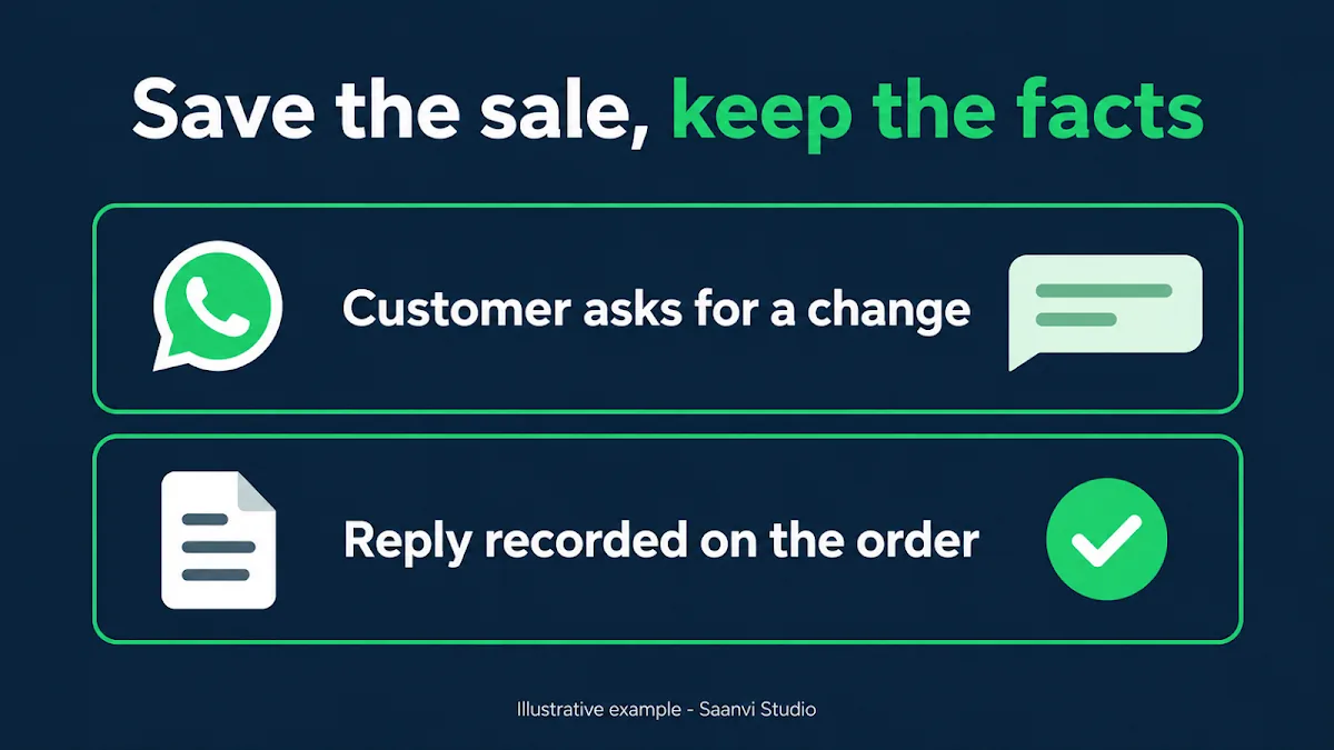 Keeping a COD order record on WhatsApp: customer asks for a change and the store records the reply on the order so support and fulfilment see the same answer