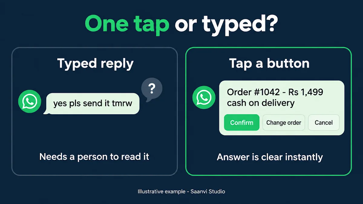WhatsApp COD confirmation reply comparison: a typed customer reply that needs a person to read it versus one-tap Confirm, Change order and Cancel buttons for a cash on delivery order