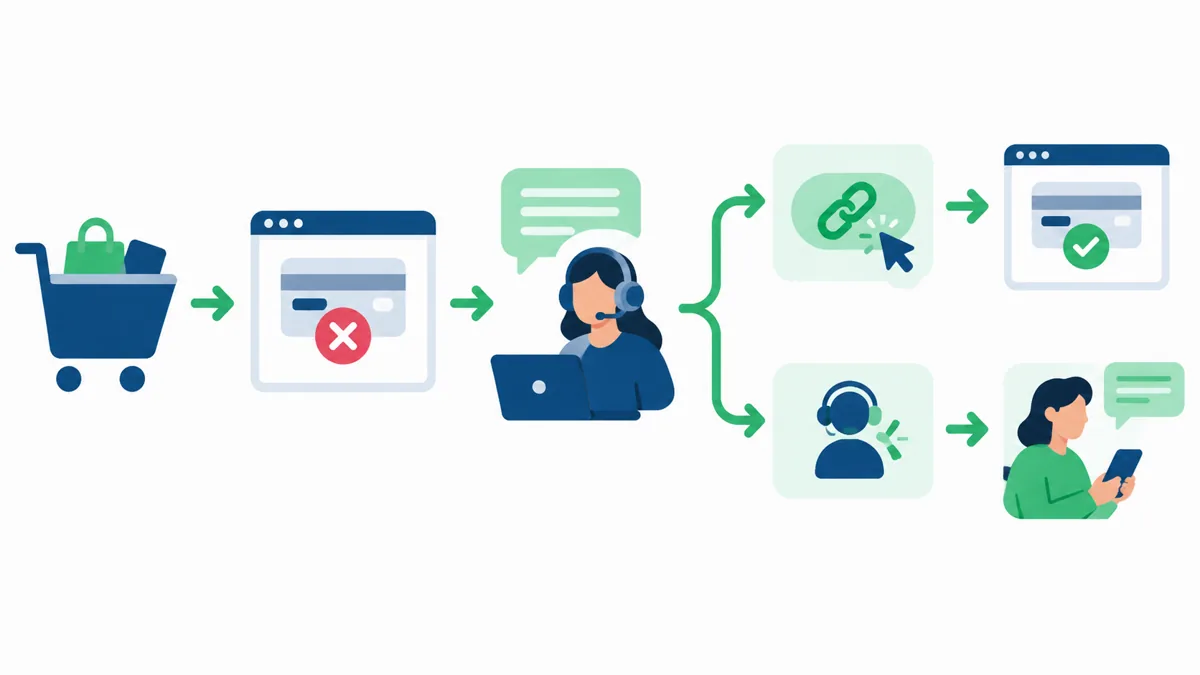 Failed payment cart reply routed to a support person with a retry link path and a human help path, Saanvi Studio illustration