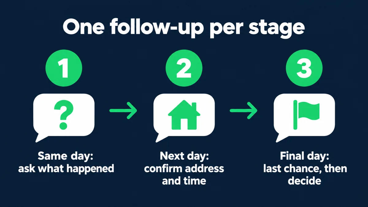 NDR follow-up stages on WhatsApp: same day ask what happened, next day confirm address and time, final day last chance before the order is returned
