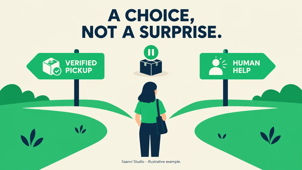 Customer chooses verified pickup or human help after repeated failed delivery, a Saanvi Studio illustration