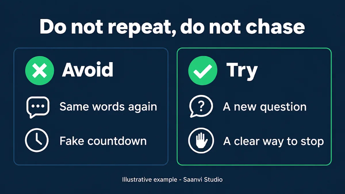 Abandoned cart WhatsApp follow-up do and do not: avoid repeating the same words or a fake countdown, try a new question and a clear way to stop