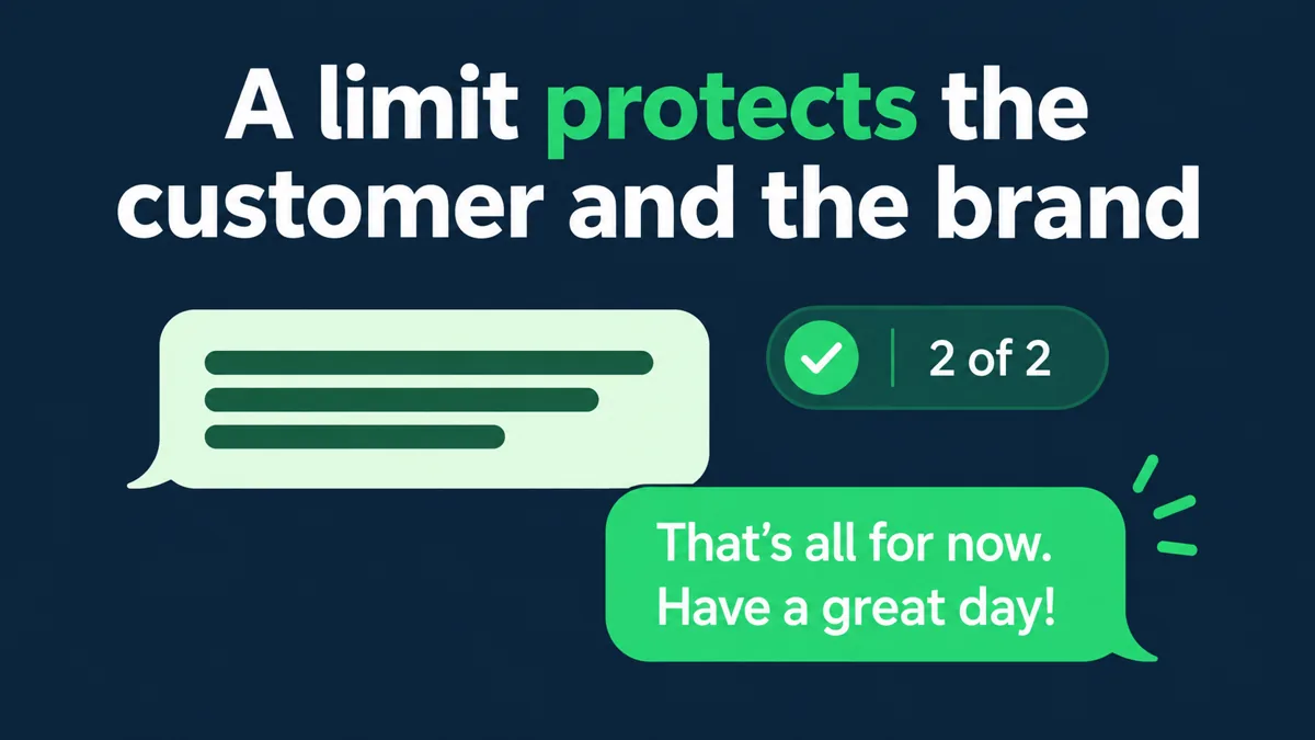 Abandoned cart reminder limit: a counter showing the final reminder and a polite closing WhatsApp message that protects the customer relationship