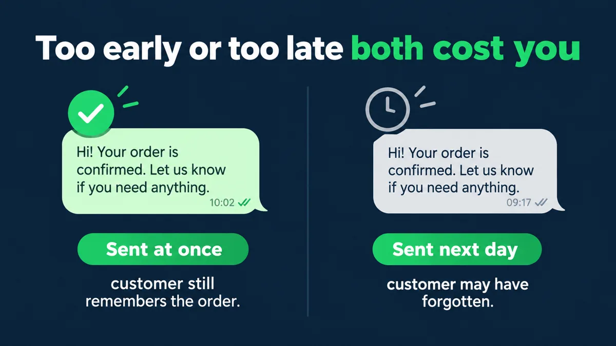COD confirmation sent at once versus next day: the same WhatsApp message lands differently when the customer still remembers the order