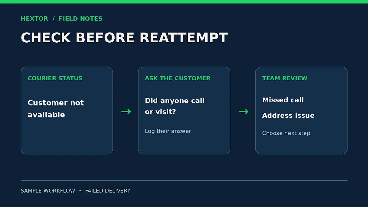 Illustrative failed-delivery workflow: courier status, customer answer, team review before reattempt