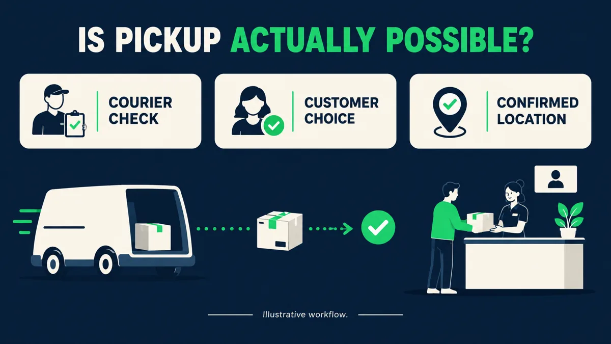 Failed delivery pickup-point alternative with courier eligibility check, customer choice and verified collection location