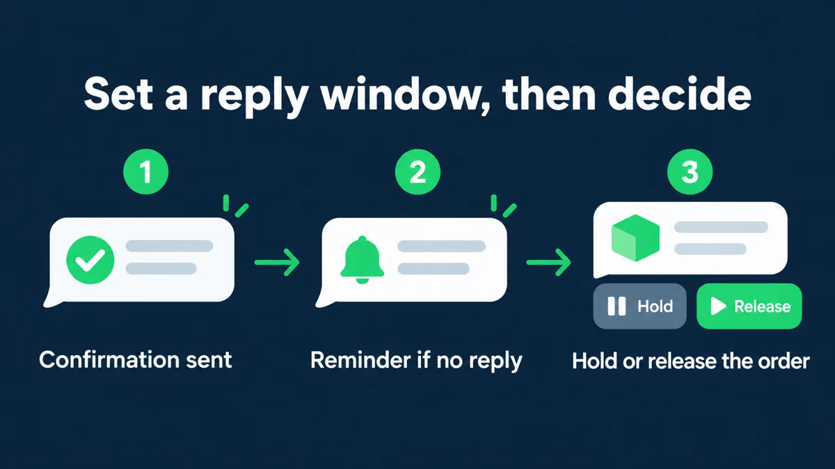 COD reply window flow: confirmation sent on WhatsApp, a reminder if there is no reply, then the order is held or released