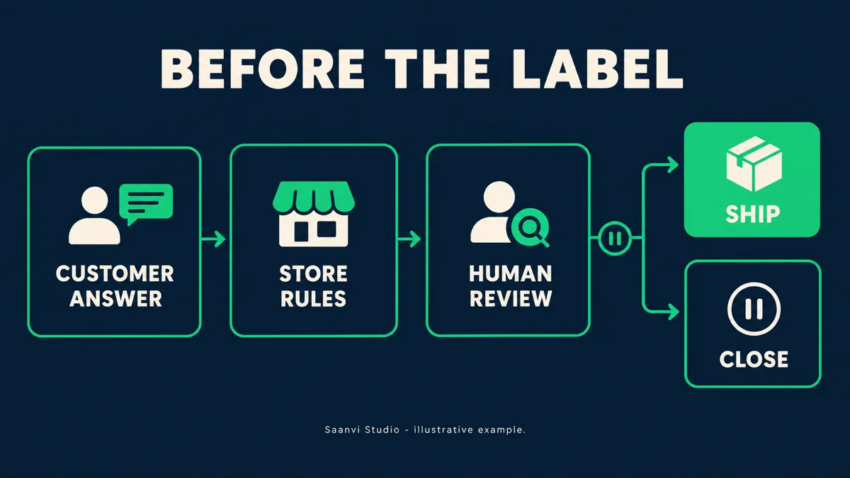 COD cancellation or continued waiting review before printing a Shopify shipping label, illustrated for Saanvi Studio