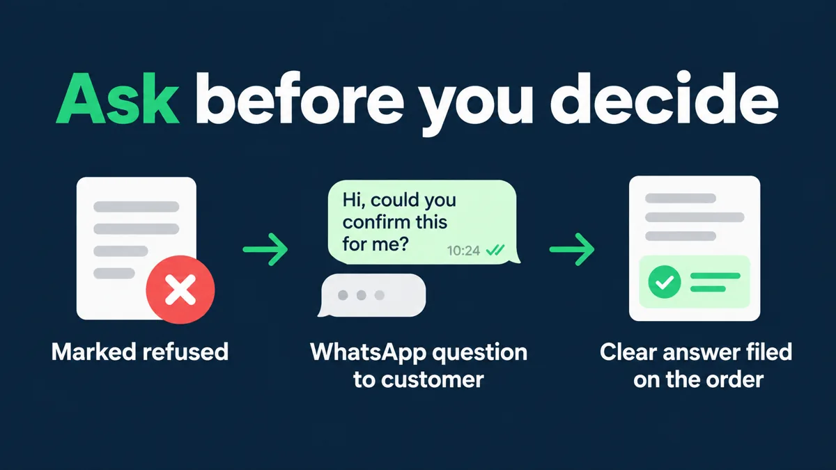 Refused COD delivery follow-up: parcel marked refused, WhatsApp question to the customer, and a clear answer filed on the order