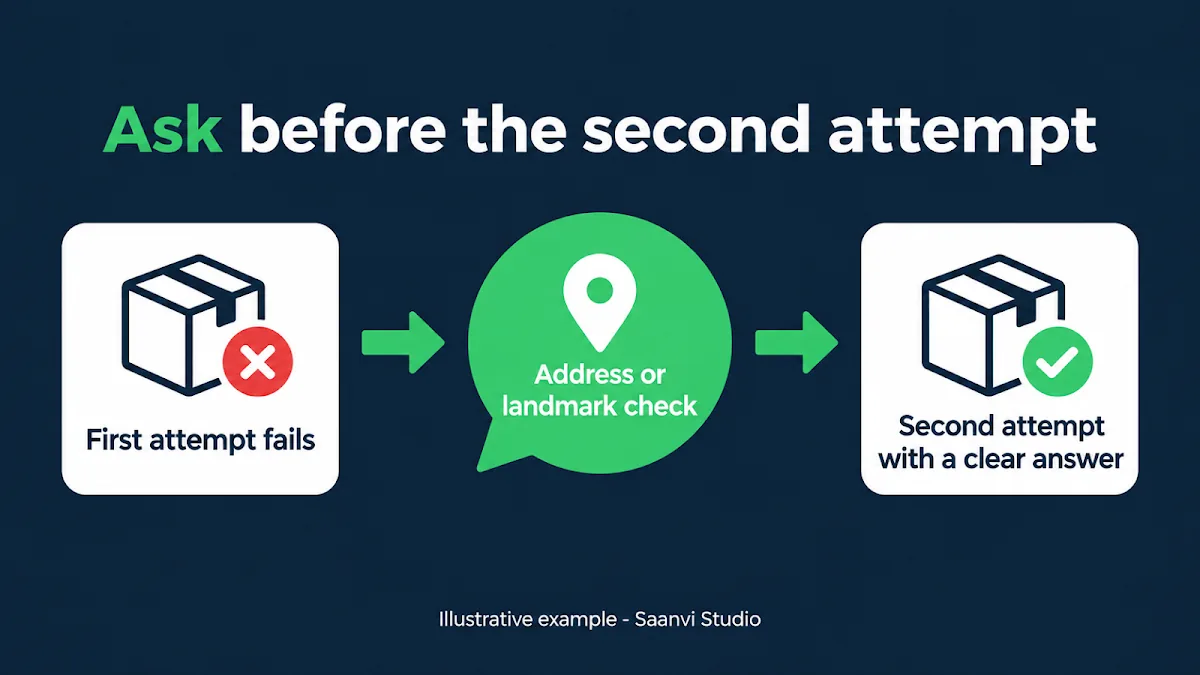 Failed delivery second attempt flow: first attempt fails, the customer answers an address or landmark check on WhatsApp, and the second attempt goes out with a clear answer