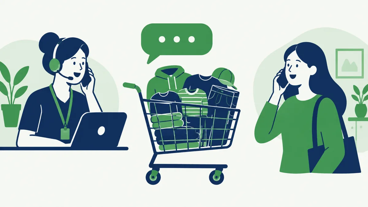 Support person on a call with a shopper while a full apparel cart and a WhatsApp reply wait, Saanvi Studio illustration