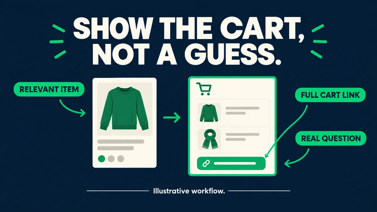 Abandoned cart WhatsApp reminder showing a relevant product cue, full cart link and room for a customer question