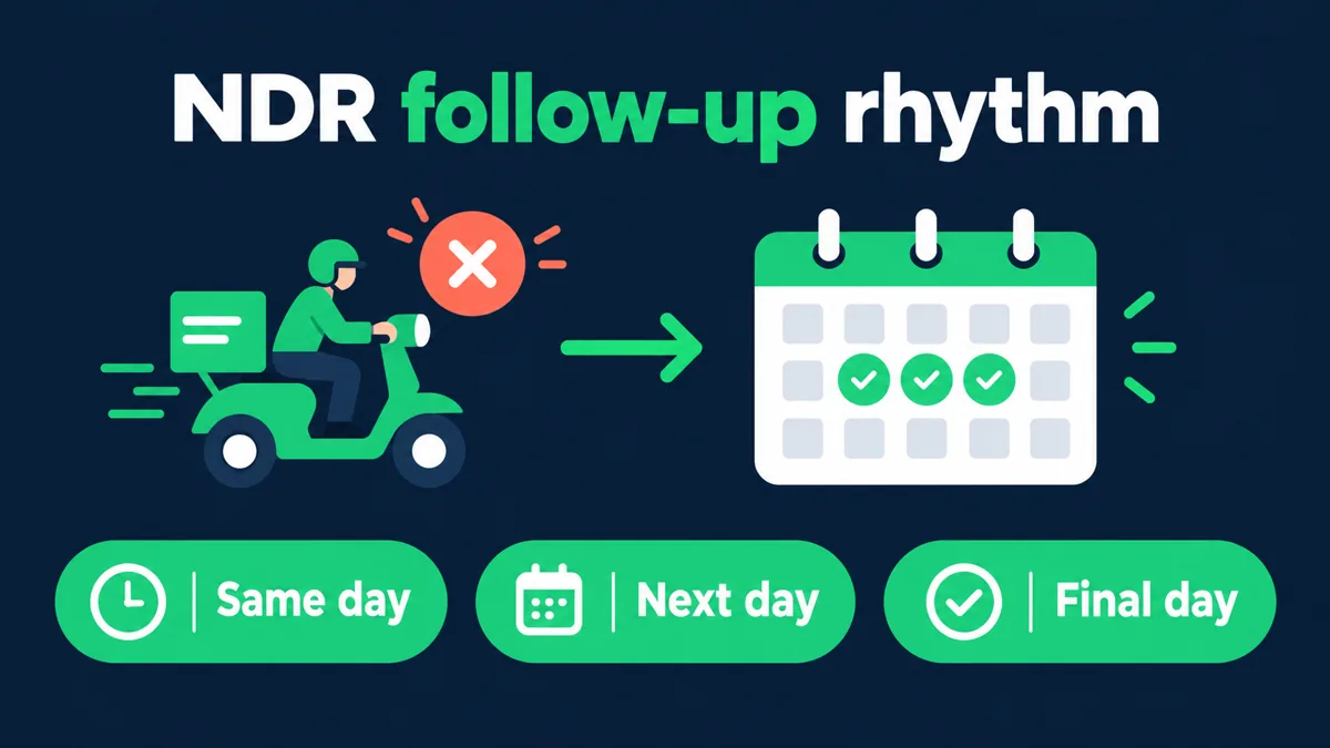 NDR follow-up rhythm for failed COD deliveries: a missed delivery, a calendar with three marked days and pills for same day, next day and final day