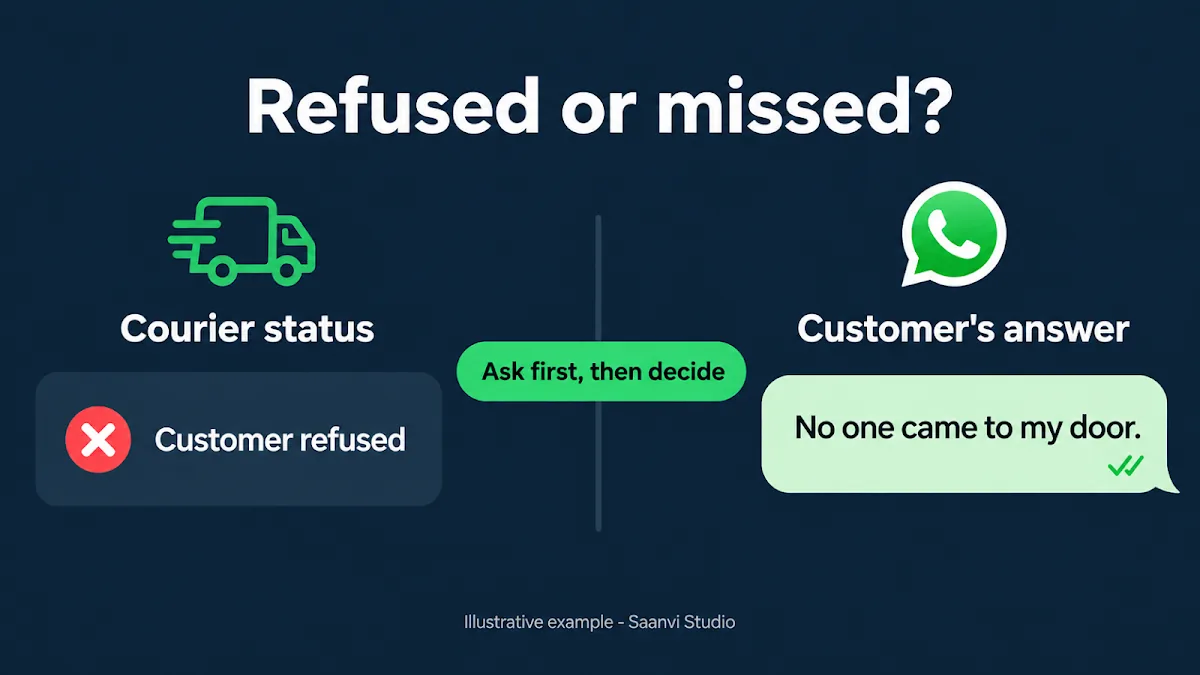 Failed delivery RTO comparison: courier status customer refused versus the customer's WhatsApp reply that no one came to the door, with the rule ask first then decide