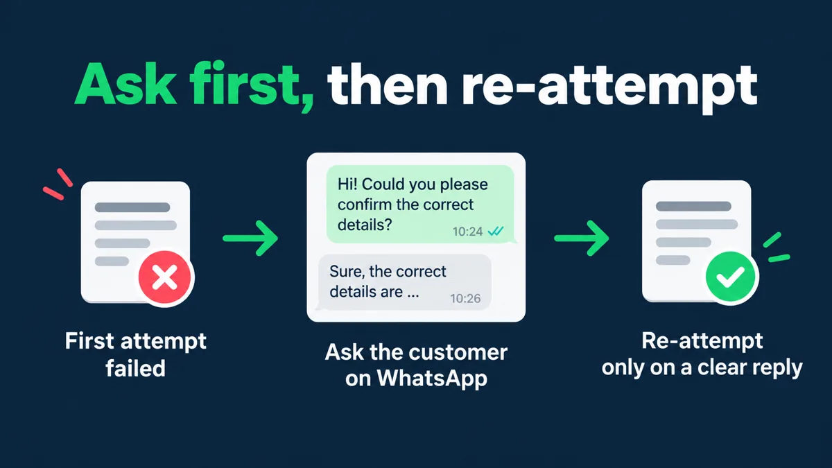 Failed delivery re-attempt flow: first attempt fails, the store asks the customer on WhatsApp, and the re-attempt goes out only after a clear reply