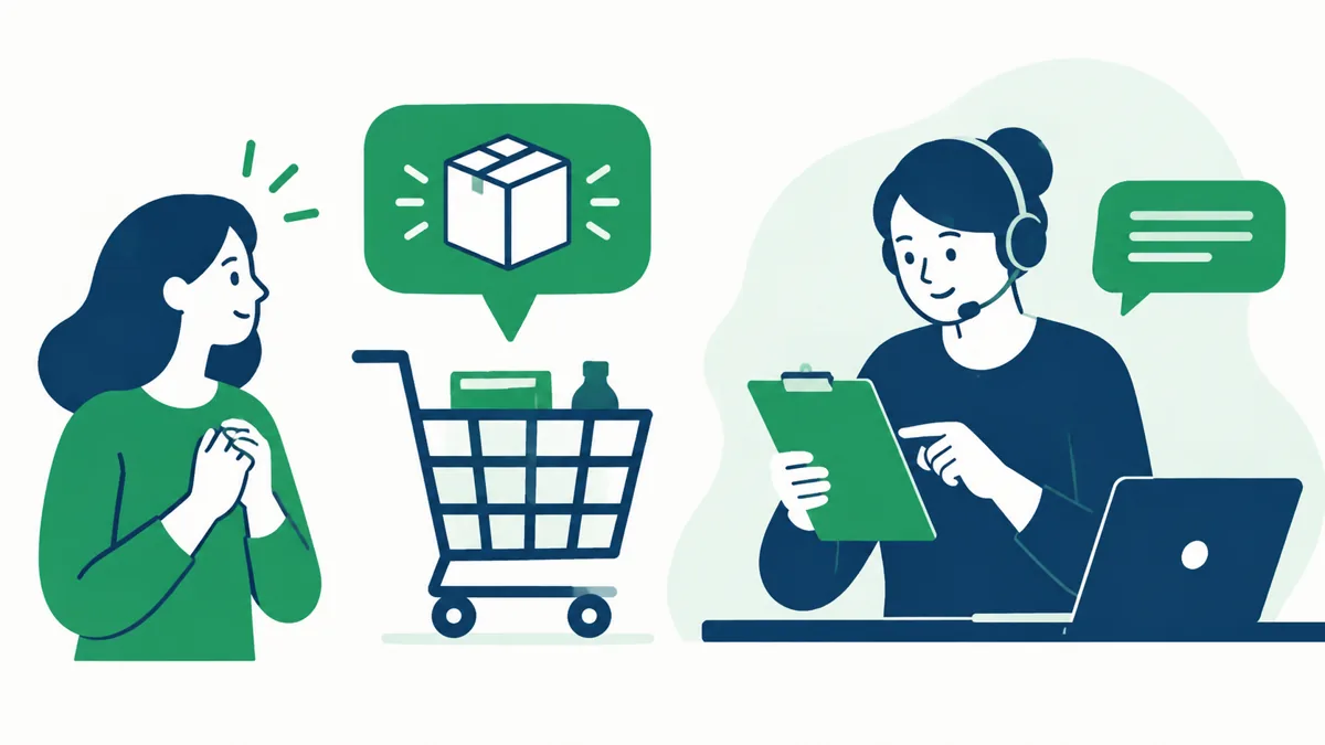 Support person verifying a low-stock claim before a cart reminder is sent, Saanvi Studio illustration