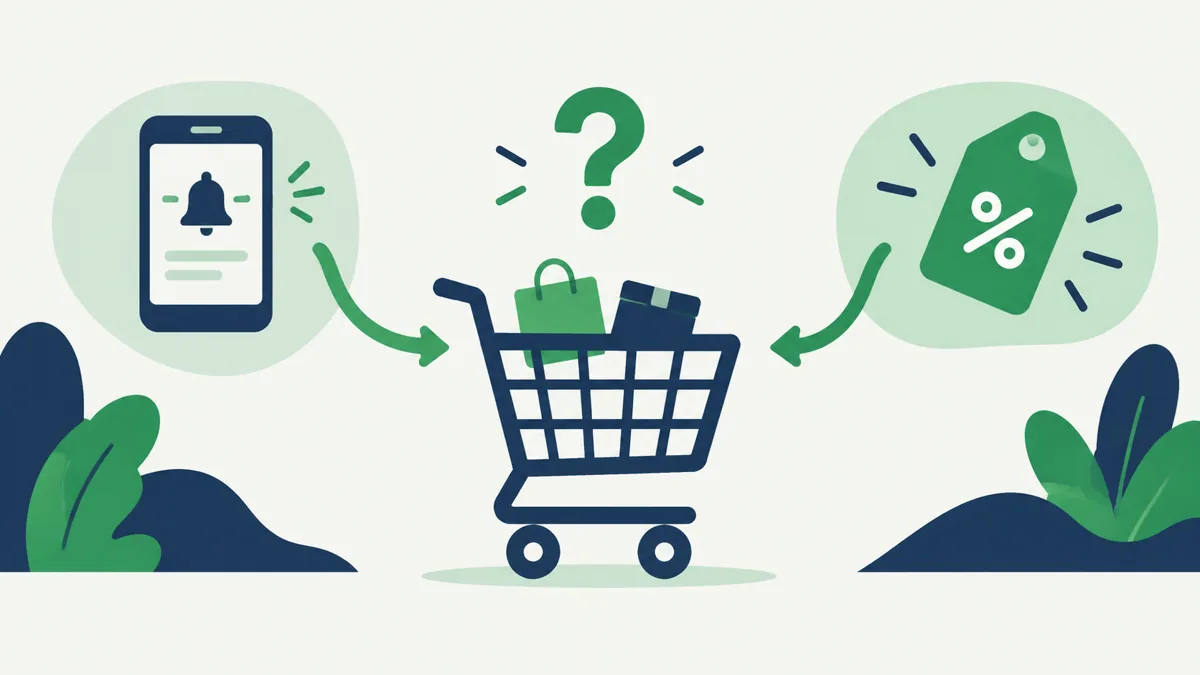 Abandoned cart decision between a plain reminder and a discount offer, with a question mark over the shopping cart