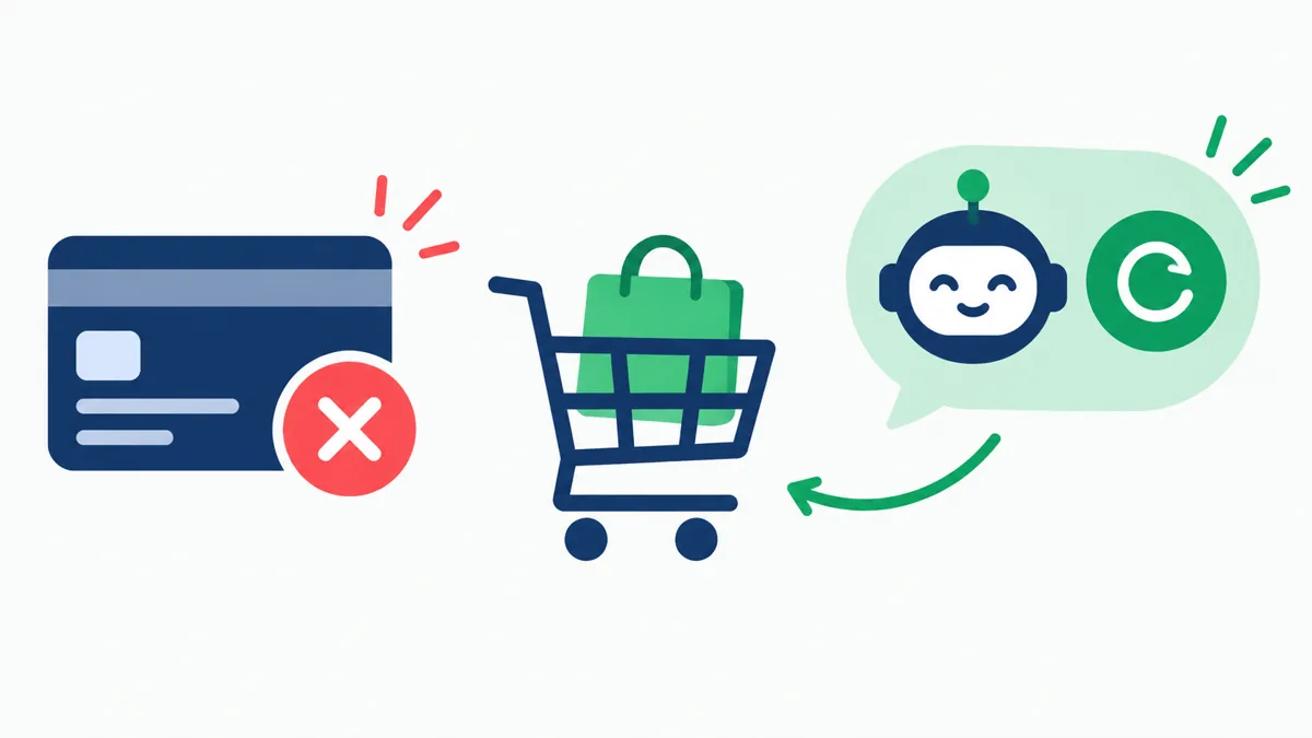Abandoned Shopify cart with a failed payment step and a friendly WhatsApp reply offering a safe retry path