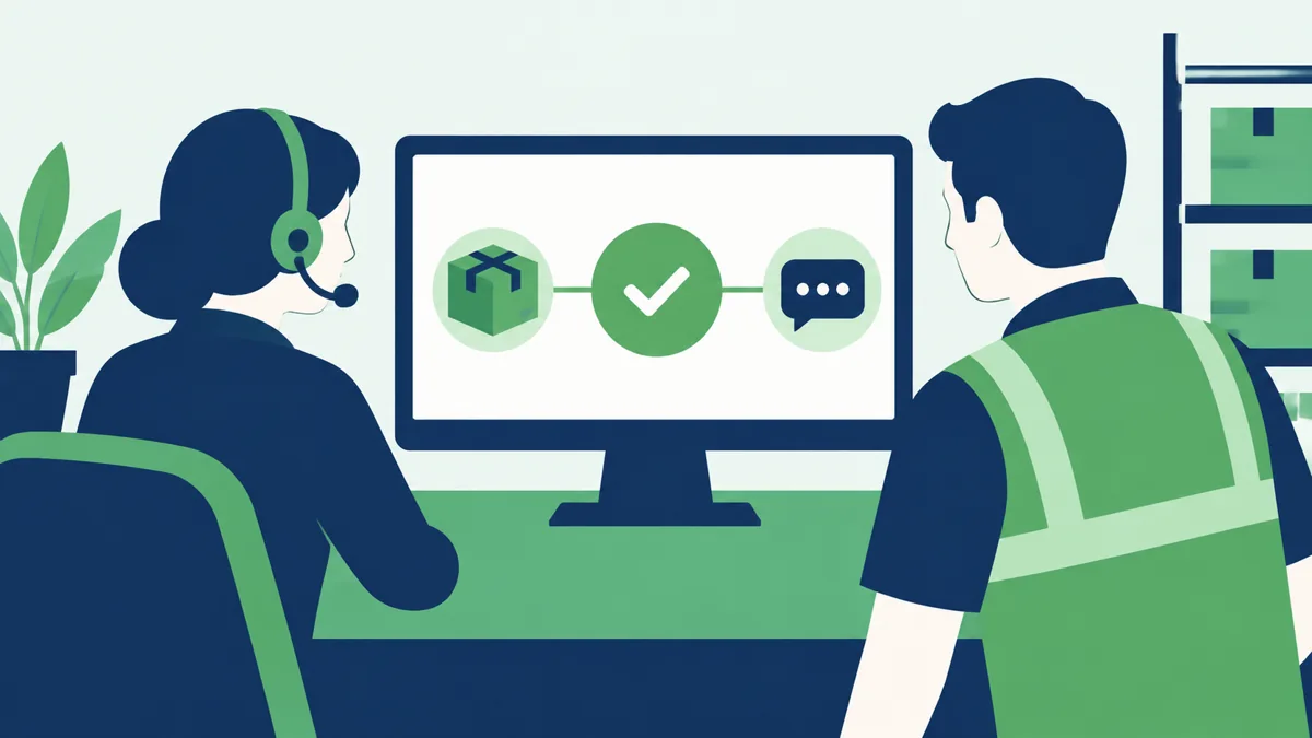 Support and fulfillment teams reading the same COD confirmation status for a Shopify order, Saanvi Studio illustration