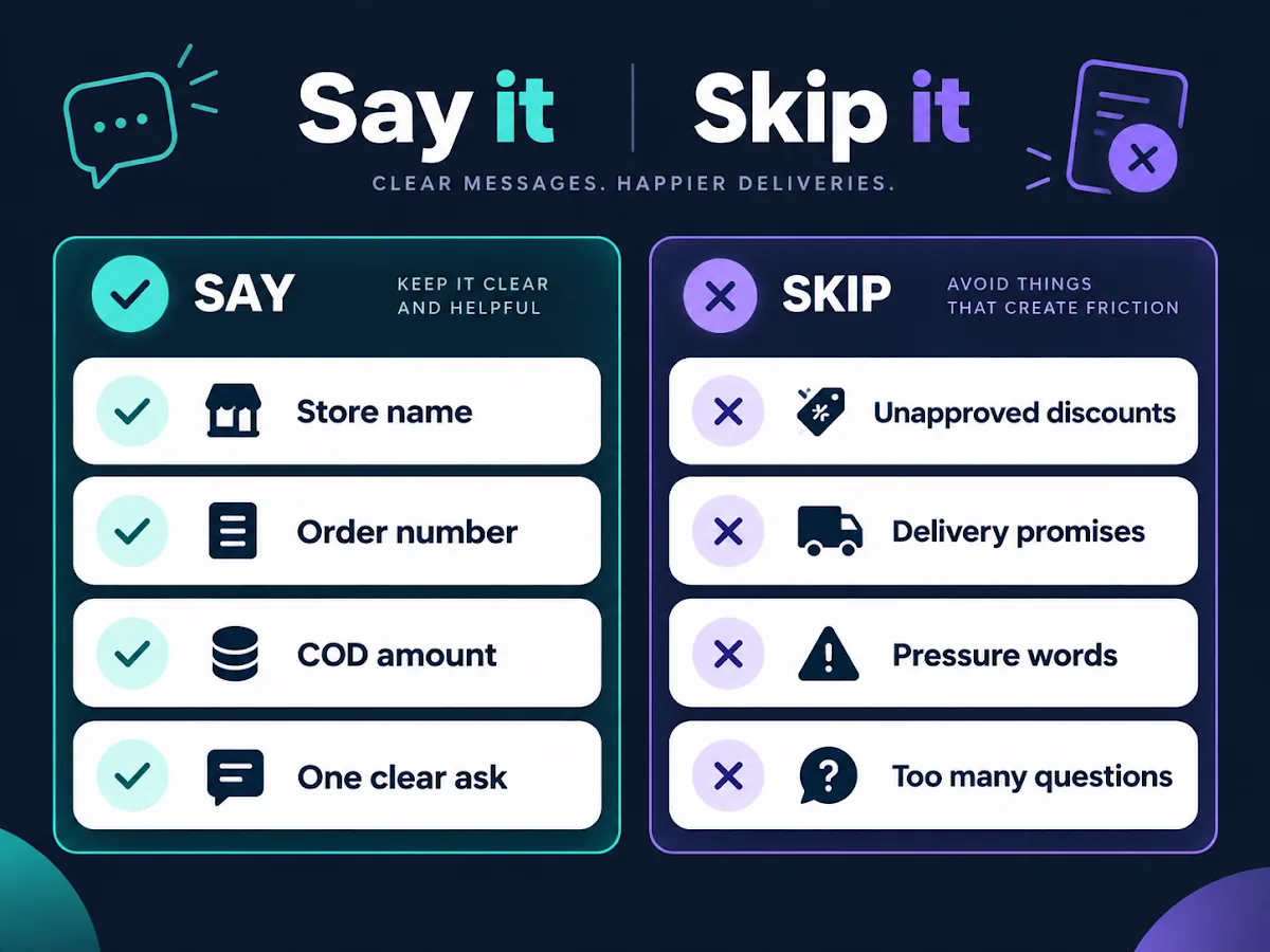 Checklist illustration: what a COD confirmation message must include and what to leave out (sample)