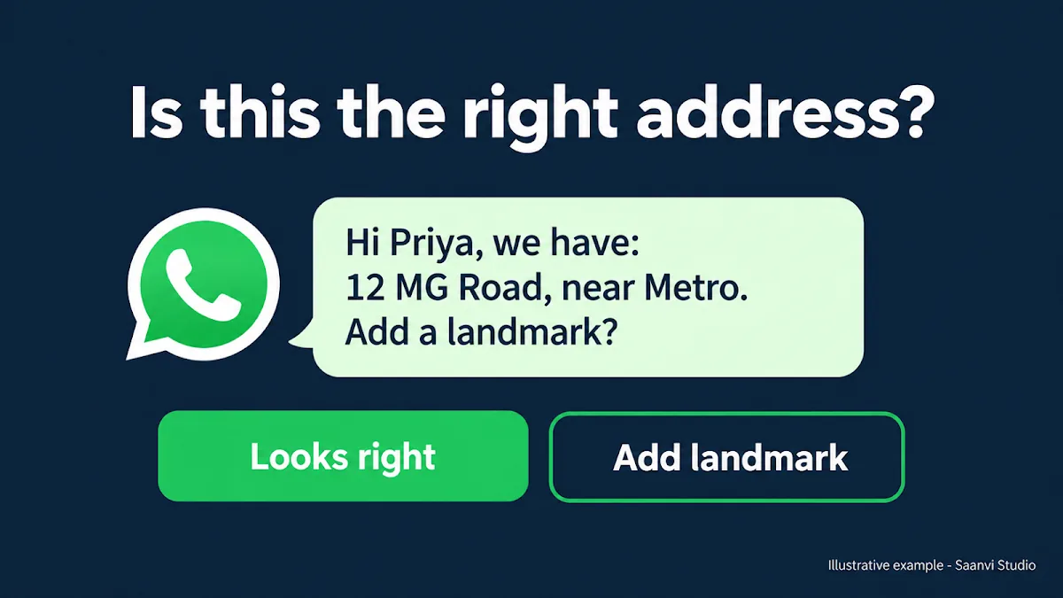 WhatsApp address clarification message for a failed COD delivery: the store shows the address on file and offers Looks right or Add landmark buttons