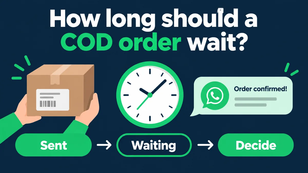COD order waiting for a WhatsApp confirmation reply: parcel on hold, a clock showing the reply window and a confirmation message from the store