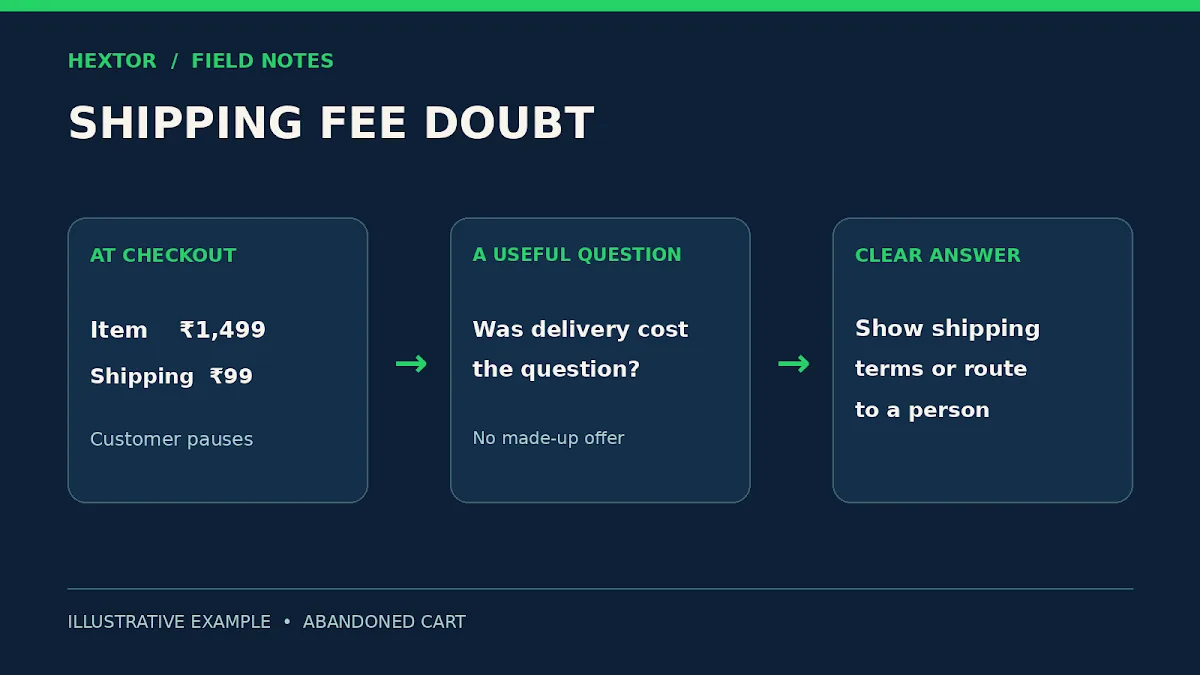 Illustrative cart checkout flow: ₹1,499 item, ₹99 shipping, a customer question and a clear answer based on store rules